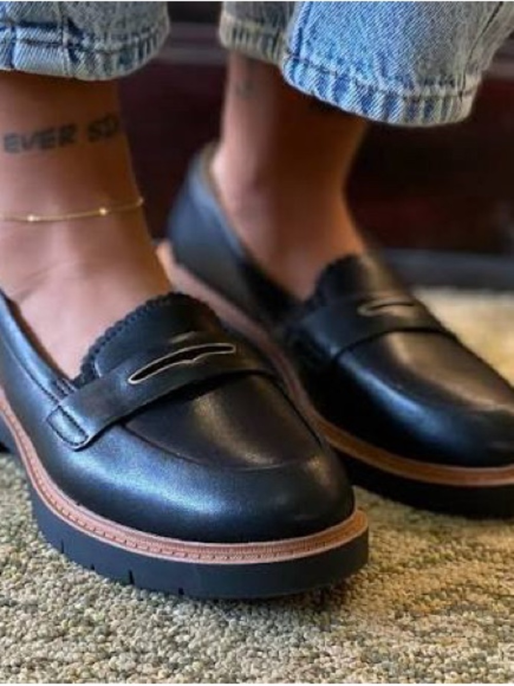 Clark’s Navy Leather Penny Loafers with Brown Trim - Women's Slip-On Shoes